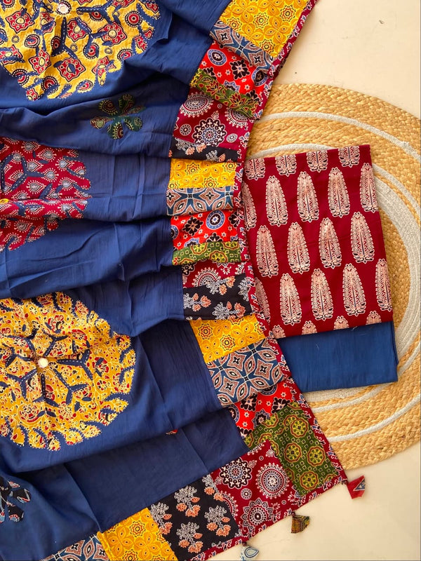 Pure Cotton Azrakh Print Unstitched Suit With Applique Work Dupatta