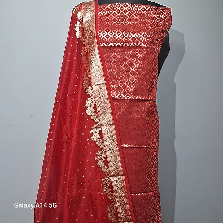 Pure Banarasi chanderi silk zari wark unstiched suit whit organza dupatta.