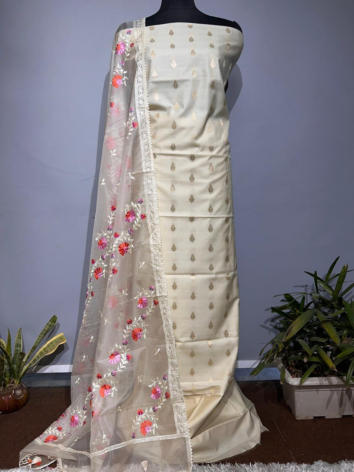 Pure Banarasi Resham Chanderi Silk Zari Weaved Suit With Organza Silk Embroidery Dupatta (