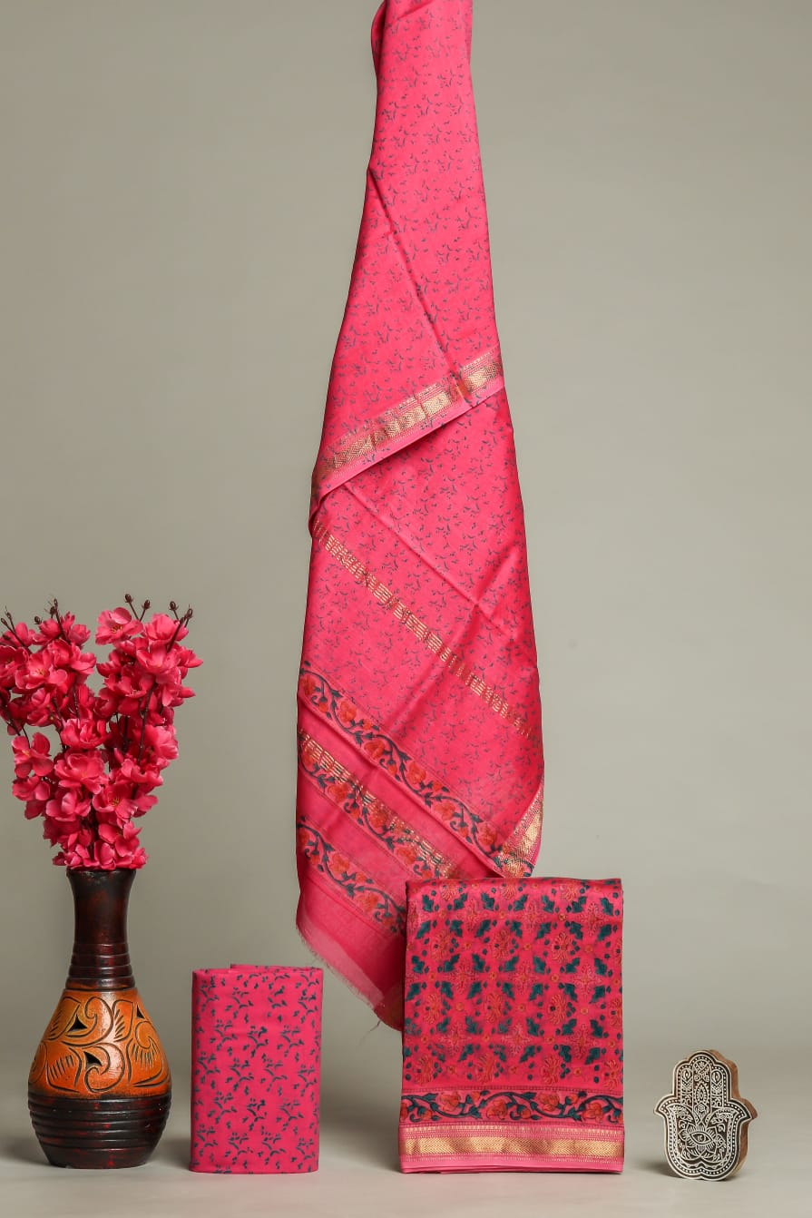 Pure Maheshwari Silk Hand block print Unstitched Suit.