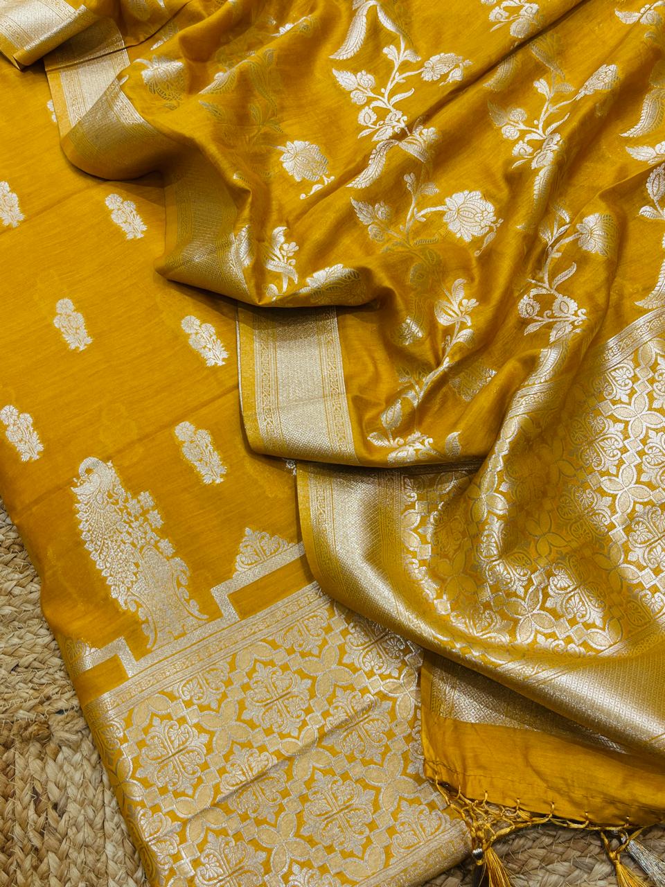 Pure Banarasi  Chanderi Silk Zari Work Unstitched Suit