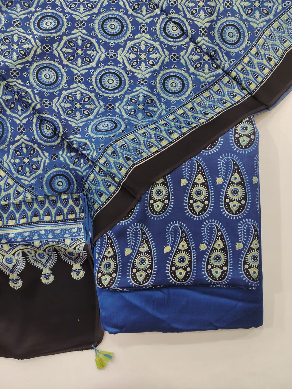 Pure Modal Silk Ajrakh Hand Block  3pc Unstitched Suit