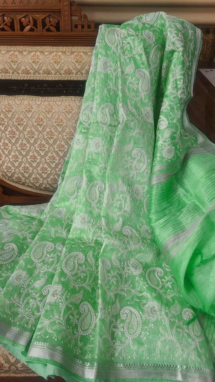 Pure Silk Linen By Linen Saree with Embroidery Work.( length- 6.3 meter )