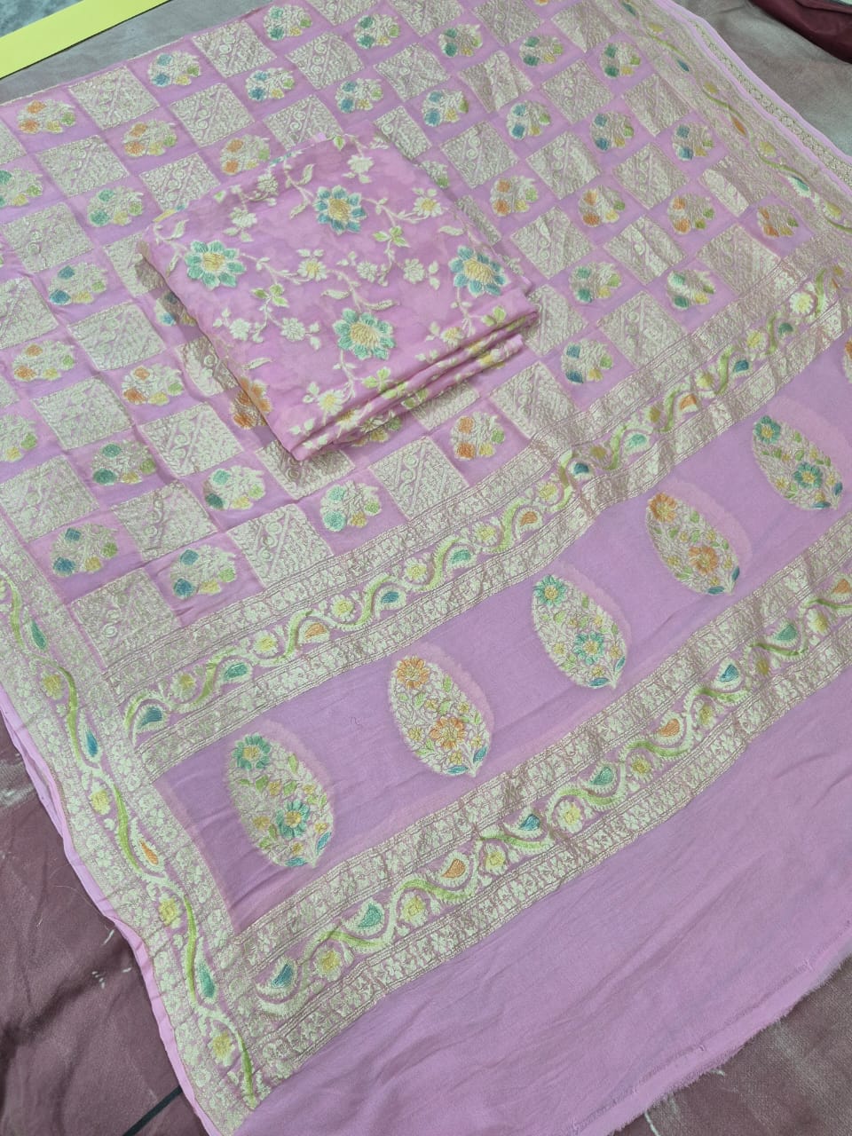 Pure Khaddi Chiffon Unstitched Suit With Water Zari Work.