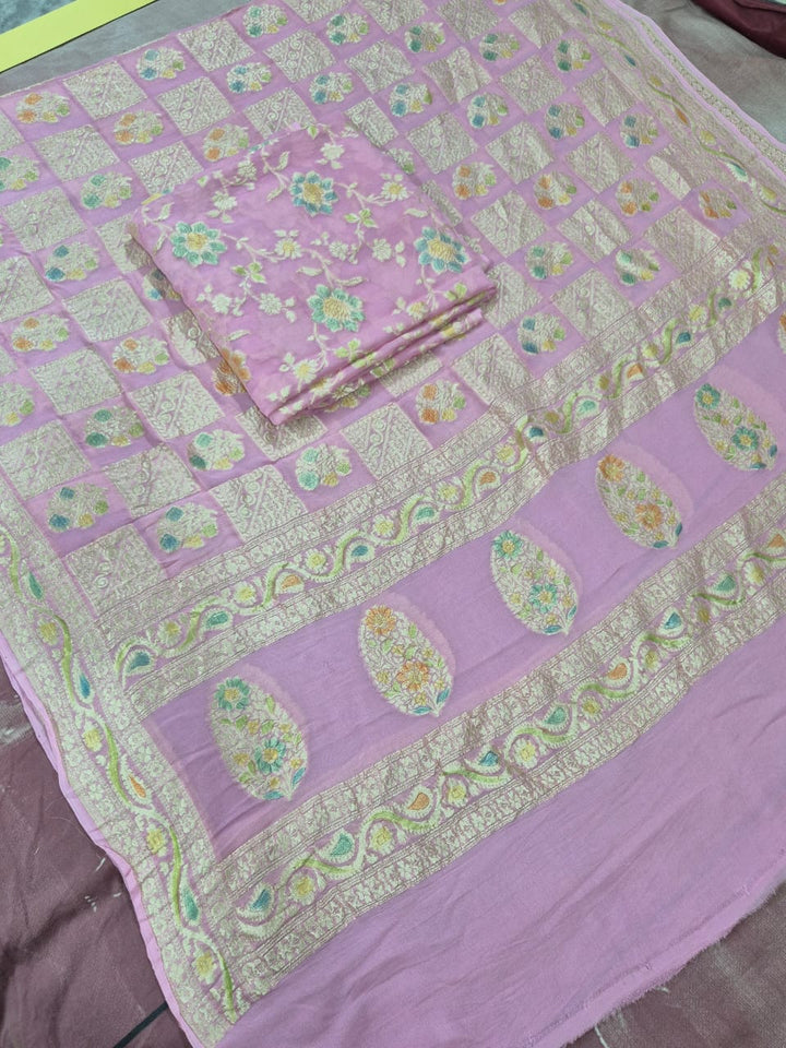 Pure Khaddi Chiffon Unstitched Suit With Water Zari Work.