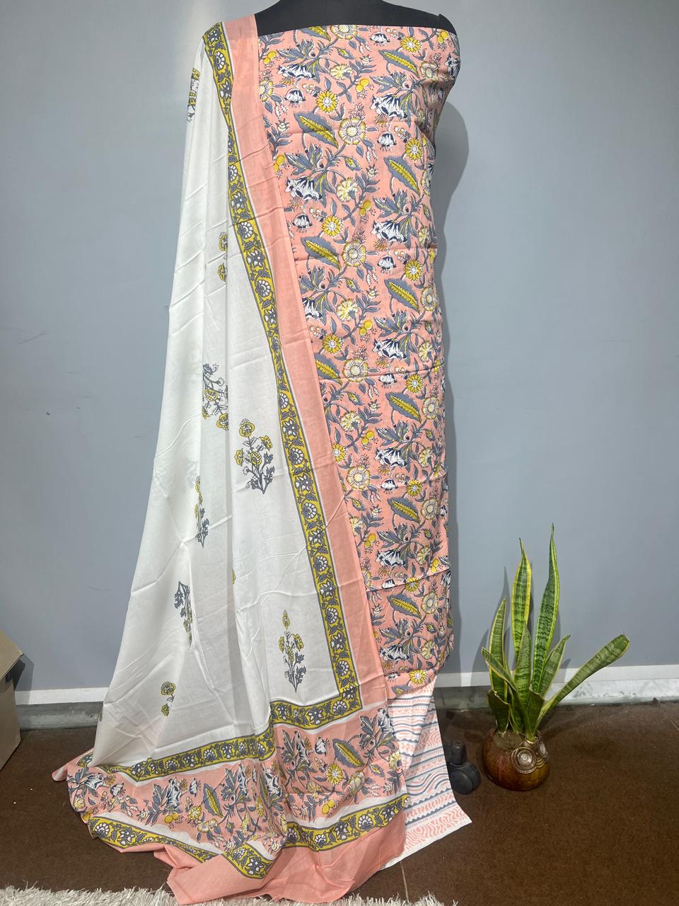 Pure Cotton Hand Block Print Unstitched Suit With Cotton Dupatta