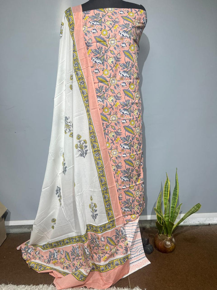 Pure Cotton Hand Block Print Unstitched Suit With Cotton Dupatta