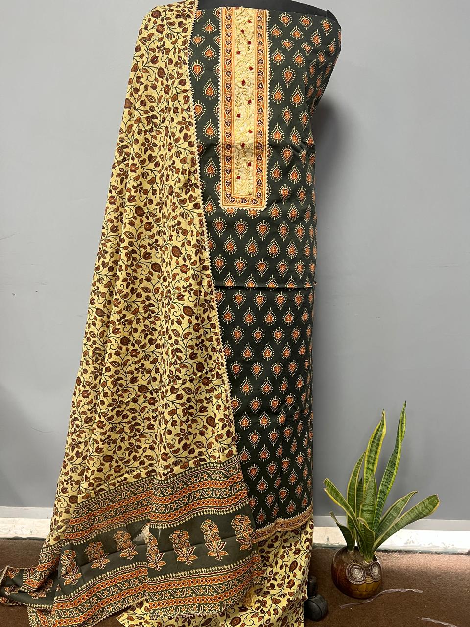 Pure Cotton Hand Block Gotta patti Work unstitched suit.
