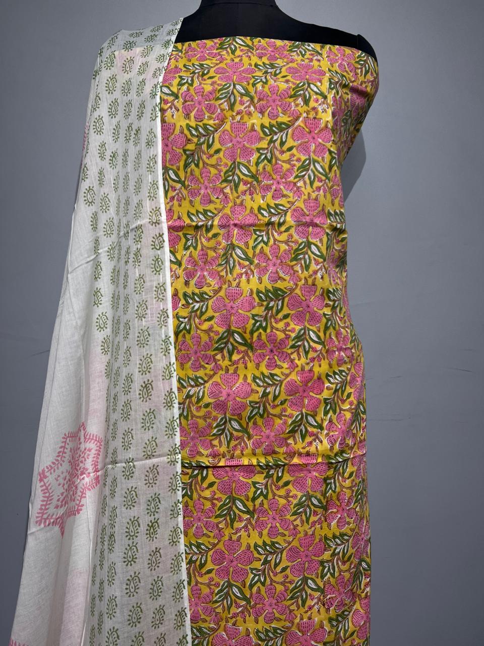 Pure Cotton Hand Block Print Unstitched Suit With Cotton Dupatta