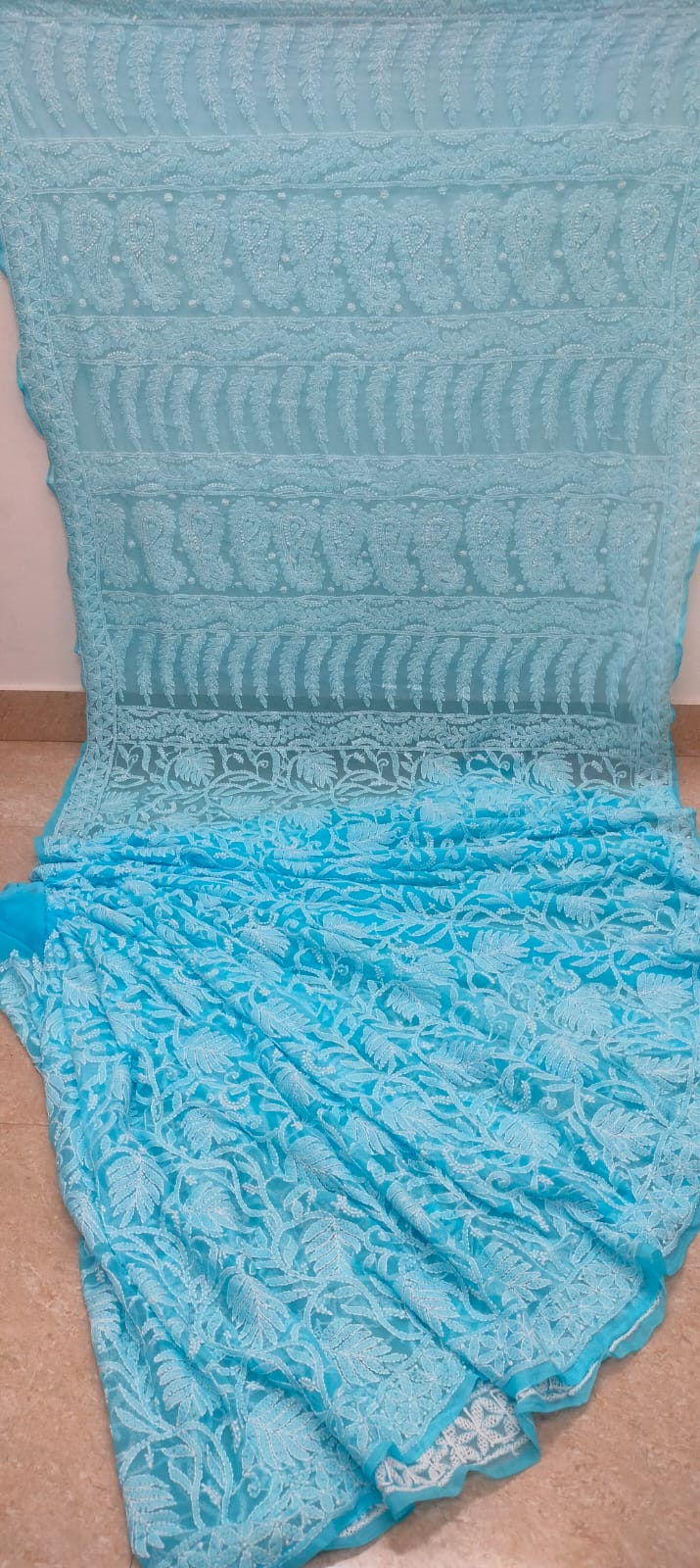 Pure Chiffon Georgette Chikankari Full Jaal Work Hand Embroidery Saree with Blouse