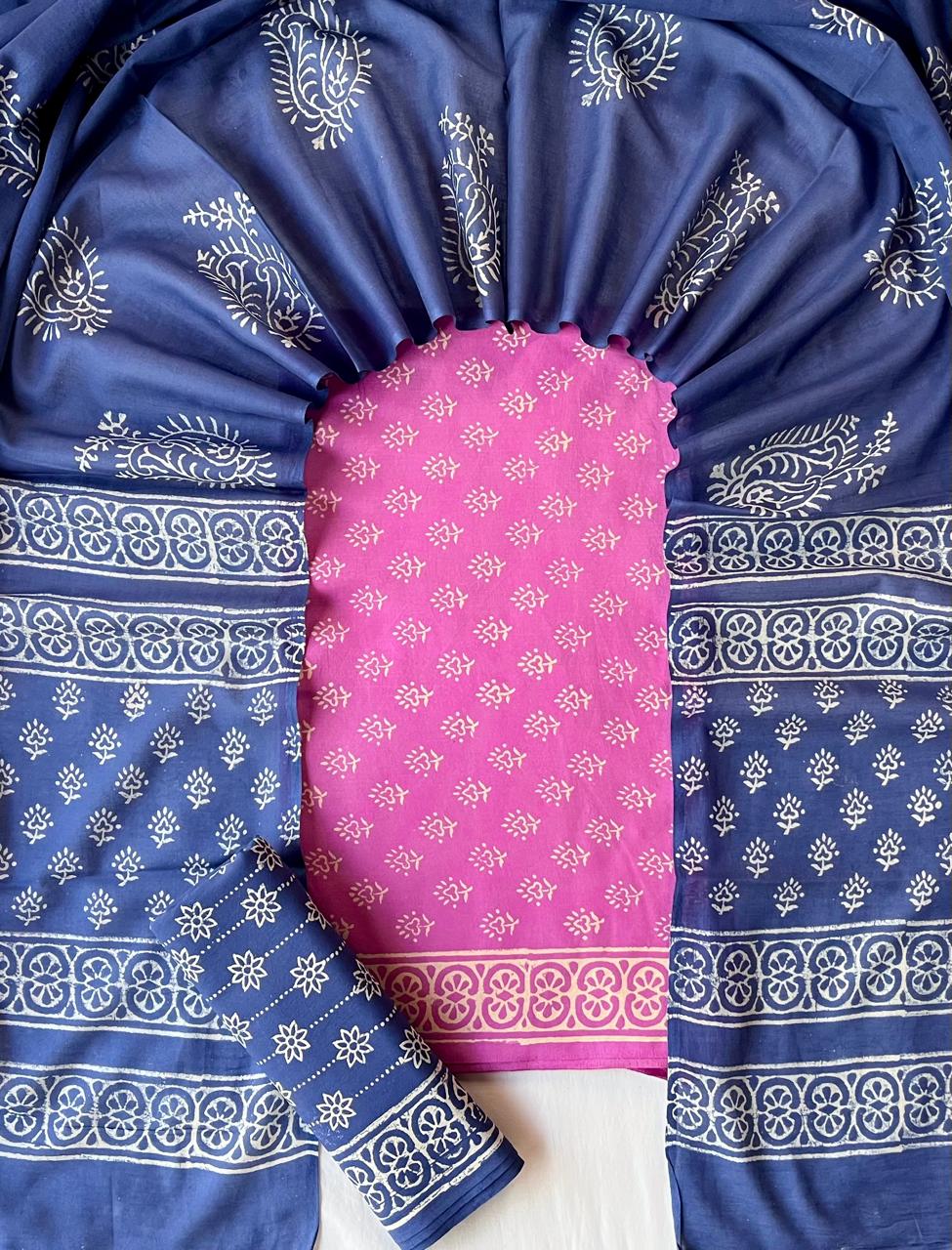 Pure Cotton Hand Block Print Unstitched Suit With Cotton Dupatta