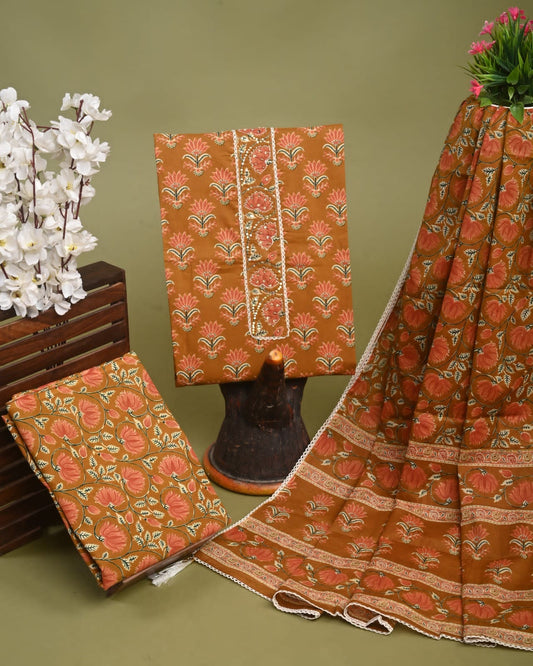 Pure Hand Block Cotton Angrakha Pattern Work Unstitched suit With Cotton Dupatta.