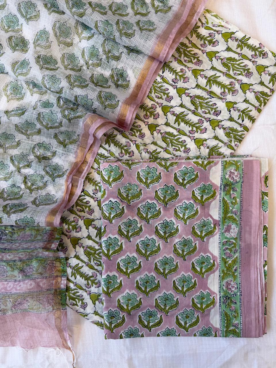 Pure Cotton Hand block print Unstitched Suit with Kota Dupatta