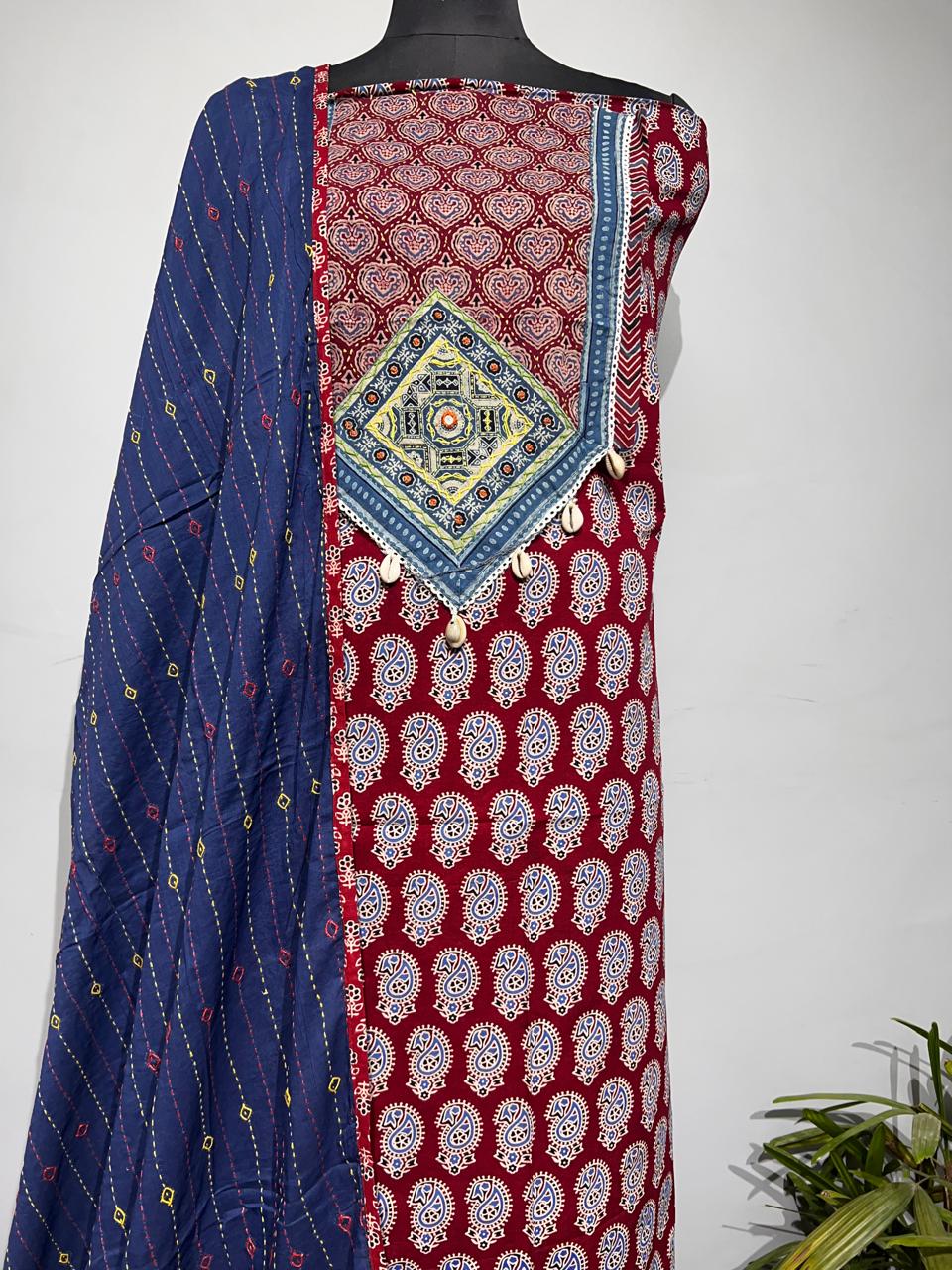 Pure Cotton Azrakh Print Unstitched suit With Dupatta.