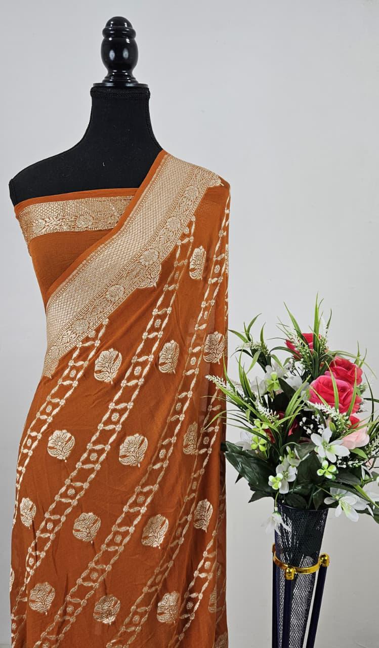 Pure Banarasi Handloom Khaddi Georgette Silk Water Zari Work Saree. | NEW EDITION |