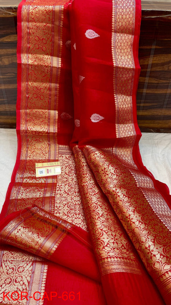 Pure Banarasi Kora Organza Zari Work Saree With Silk Mark Certificate ( Length- 6.3 Meter )