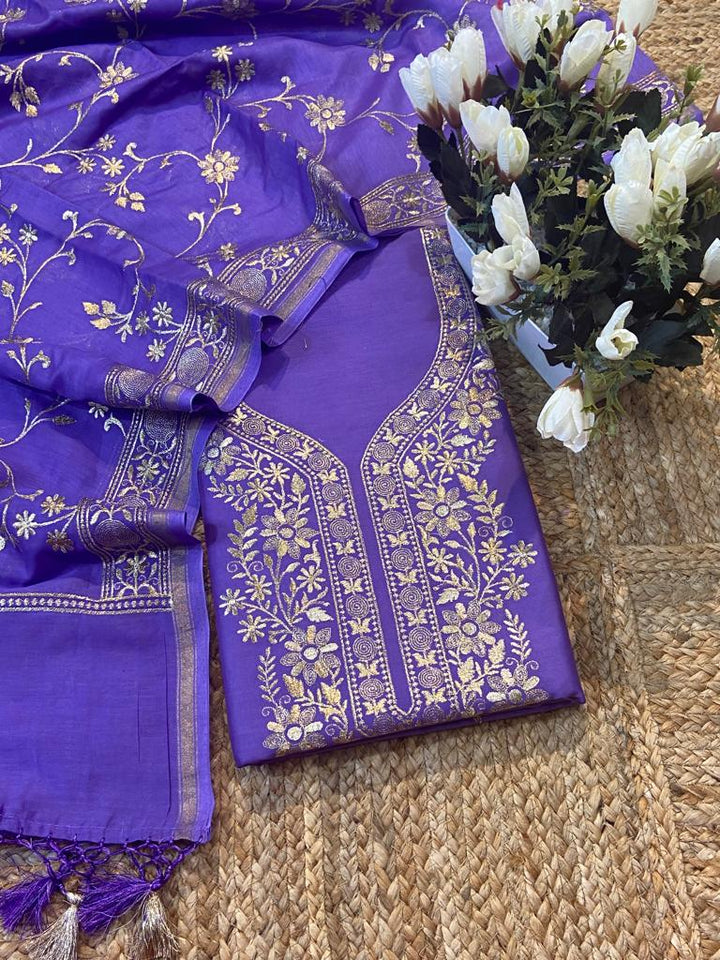 Pure Banarasi Resham Chanderi Silk Zari Embroidery Unstitched Suit .