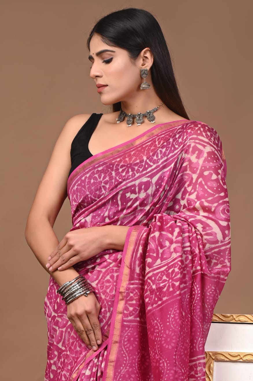 Hand Block Print Pure Chanderi Saree With Blouse .