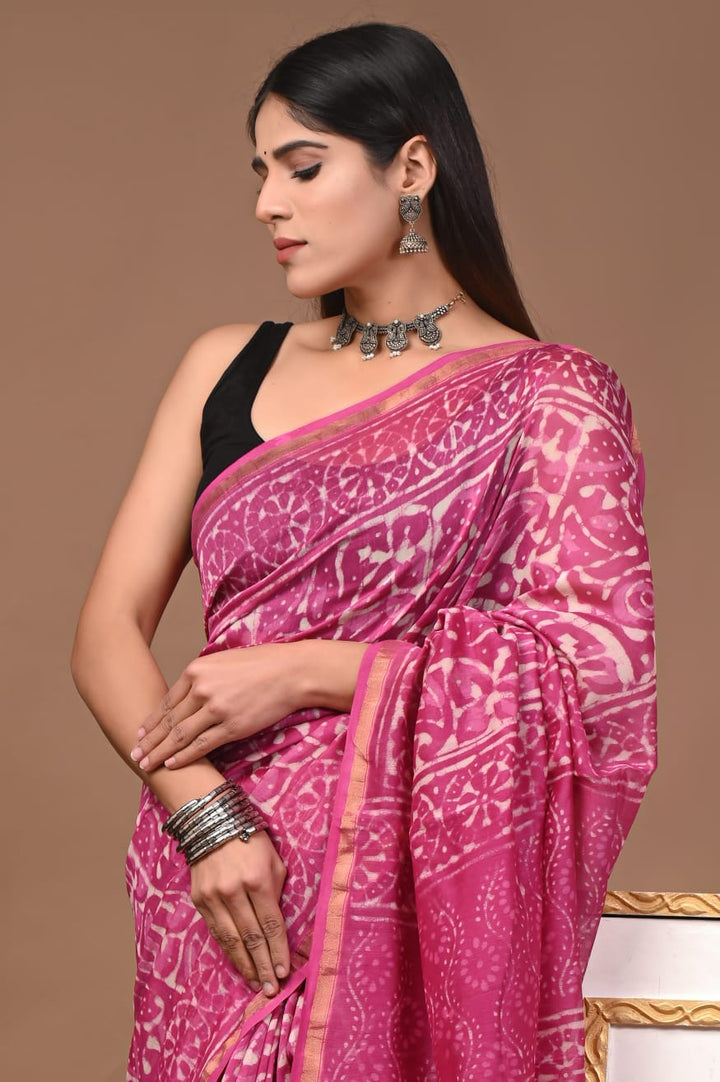 Hand Block Print Pure Chanderi Saree With Blouse .