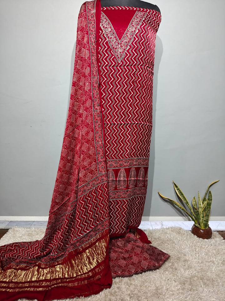 Pure Modal Silk Ajrakh Hend Block Zari Pallu Weaved 3pc Unstitched Suit