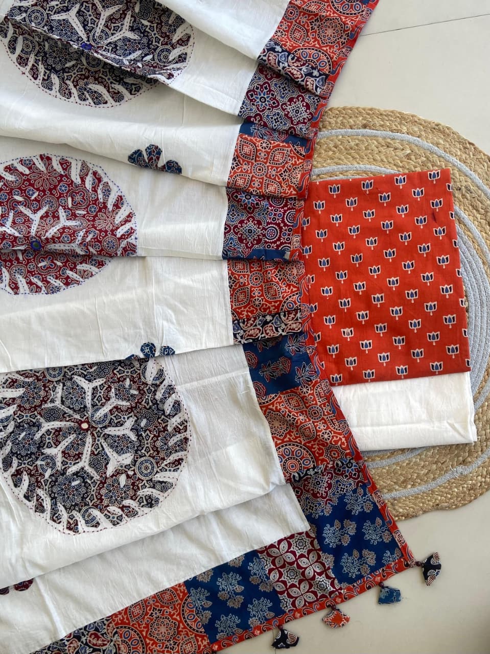 Pure Cotton Azrakh Print Unstitched Suit With Applique Work Dupatta