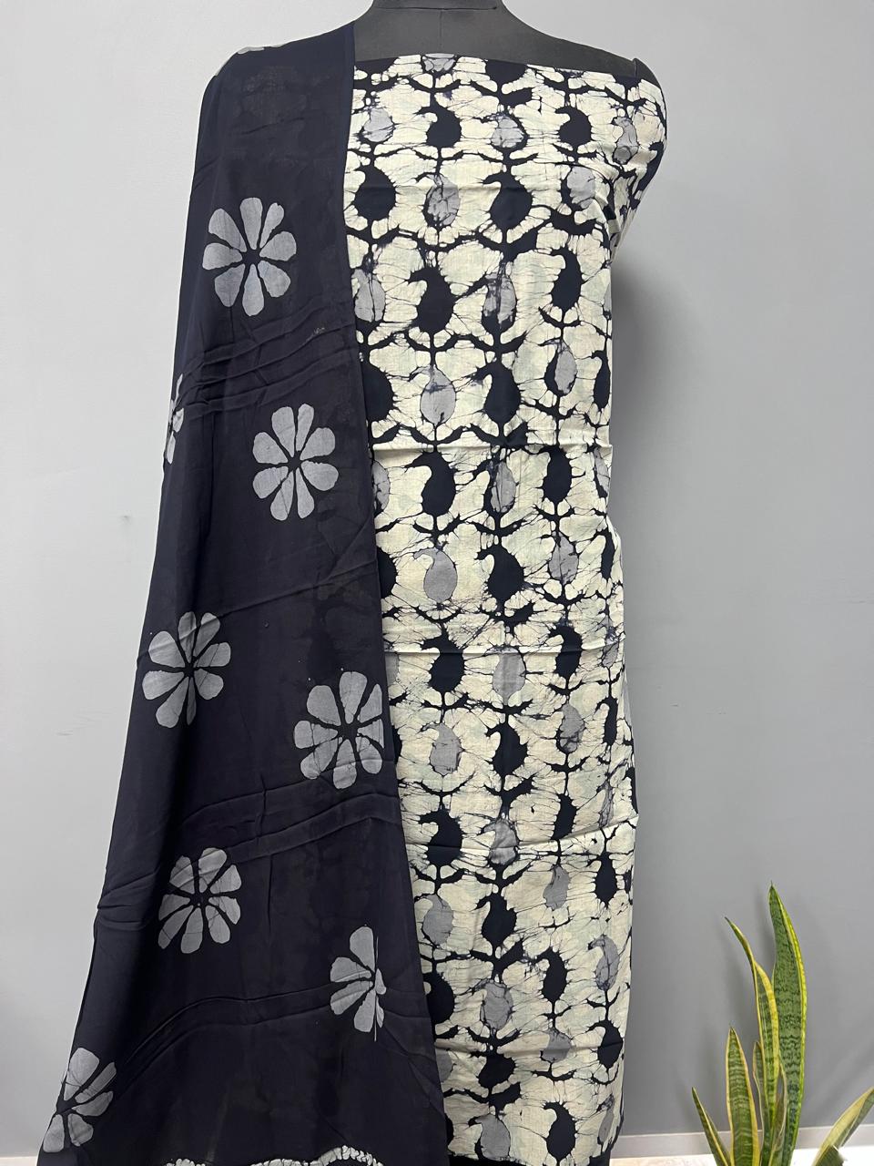 Pure Cotton Hand Block Print Unstitched Suit With Cotton Dupatta