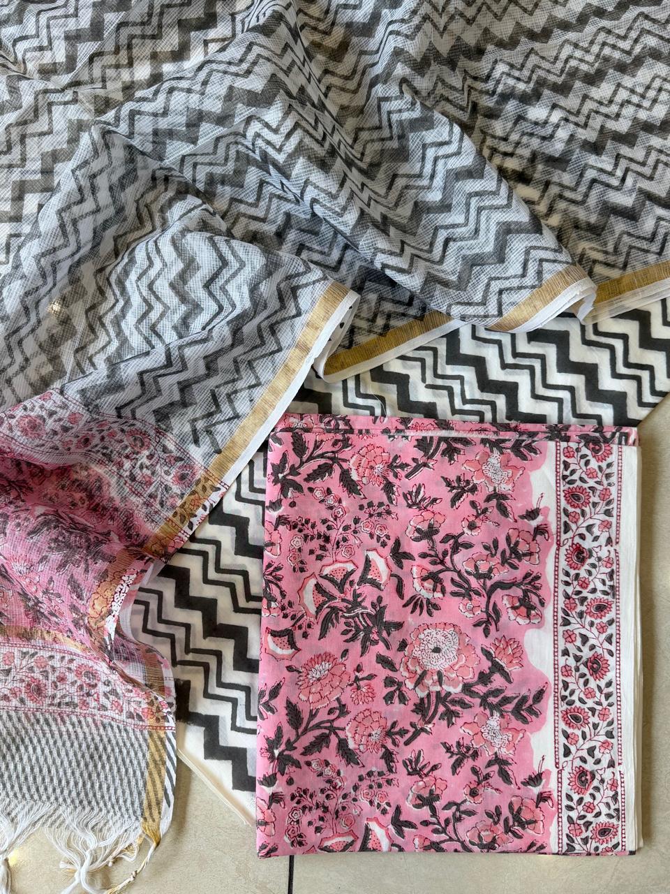 Pure Cotton Hand block print Unstitched Suit with Kota Dupatta