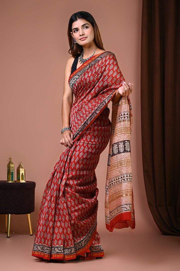 Hand Block Print Pure Chanderi Saree With Blouse