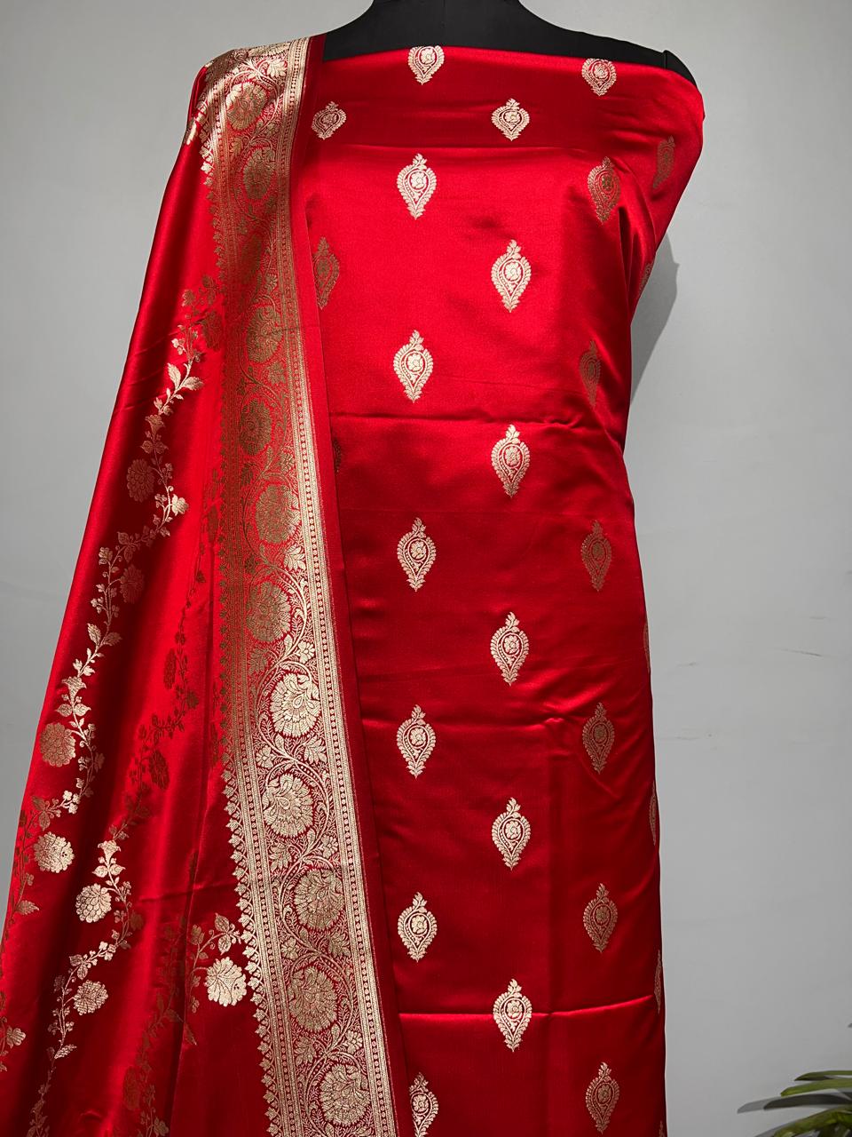 Pure Banarasi Satin Silk Zari Work Unstitched Suit With Jaal Work Dupatta.