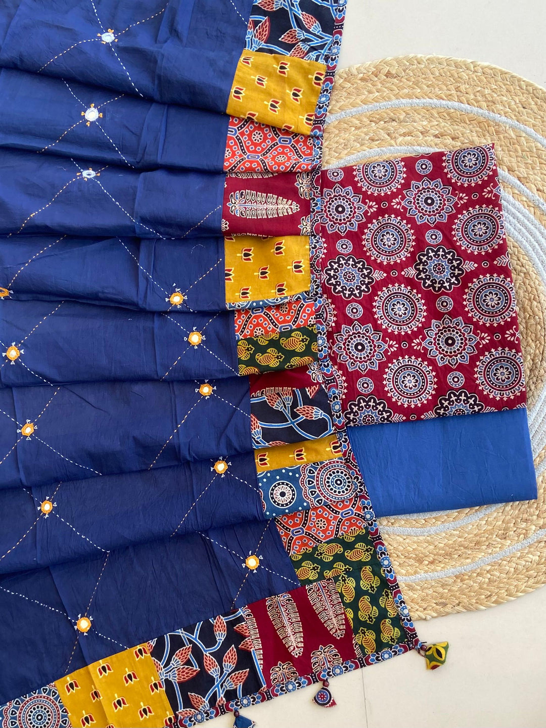 Pure Cotton Azrakh Print Unstitched Suit With Patch Work Dupatta