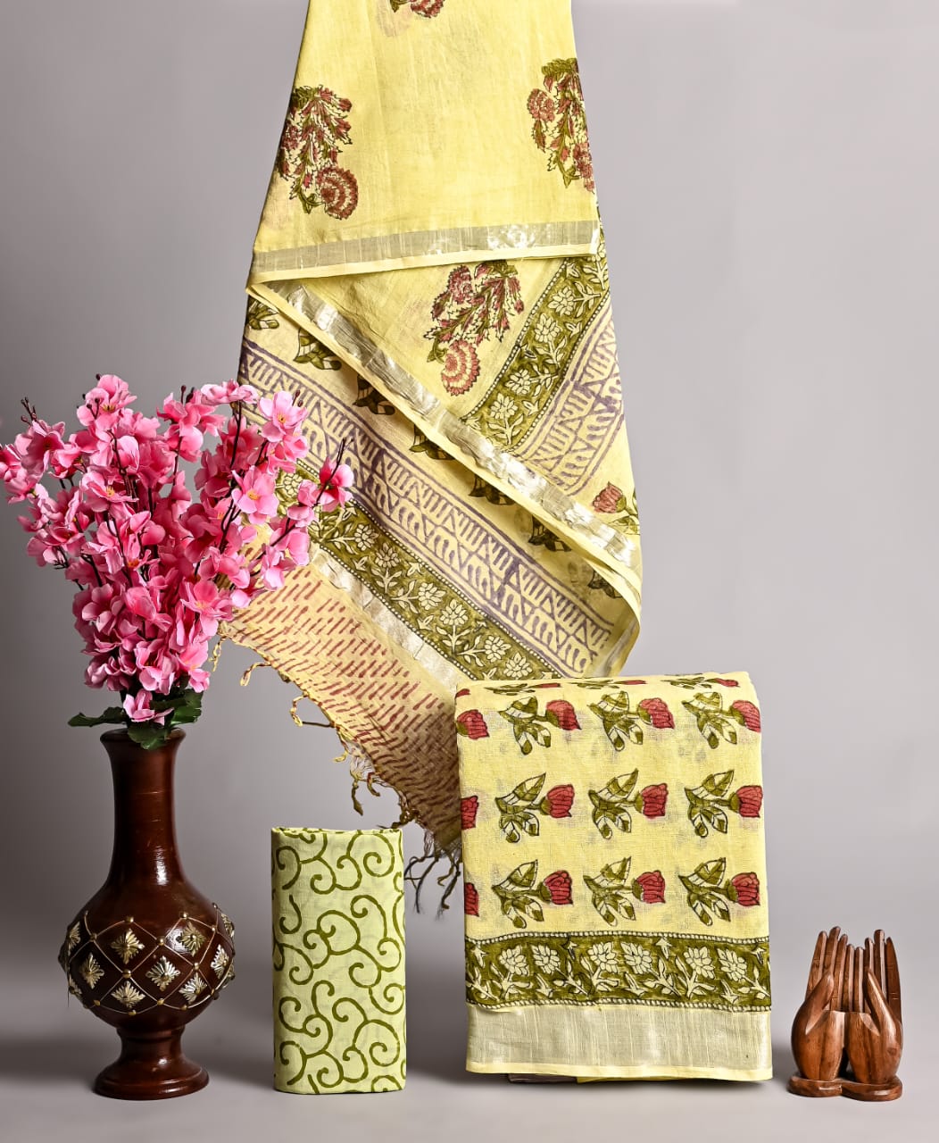 Hand Block Printed Linen Unstitched Suit .