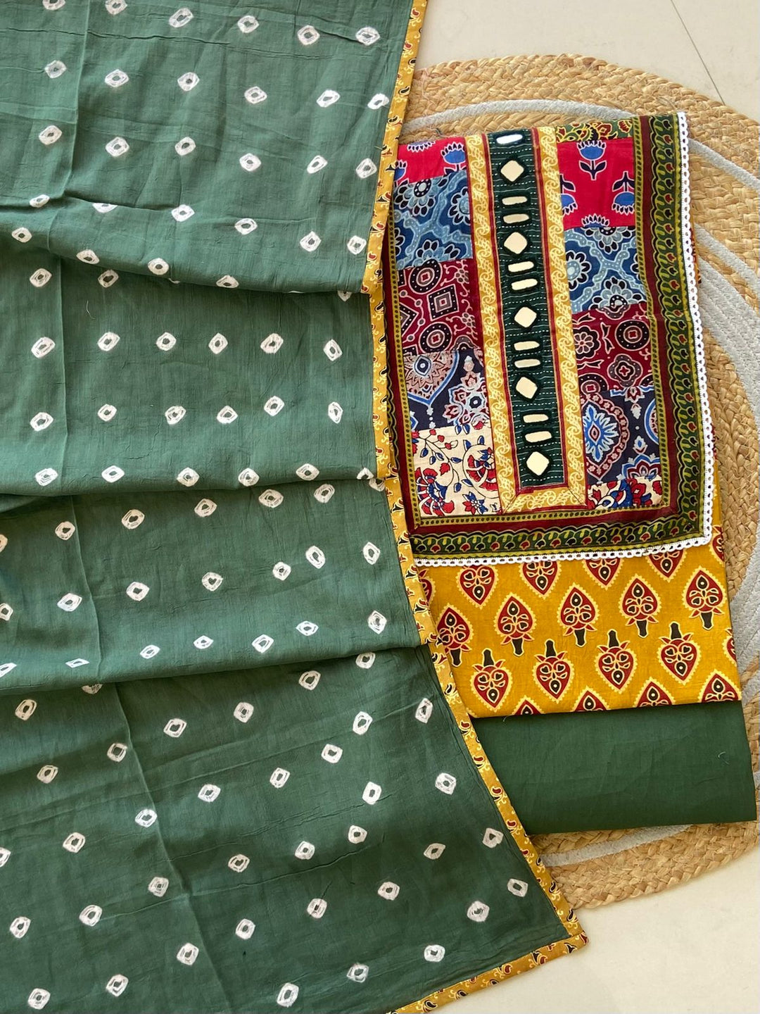 Pure Cotton Azrakh Print Unstitched Suit With Heavy Mirror Work