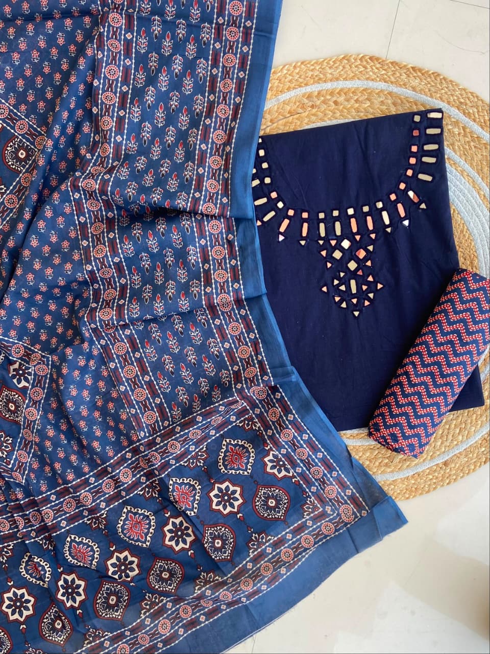 Pure Cotton Azrakh Print Unstitched Suit With heavy mirror work