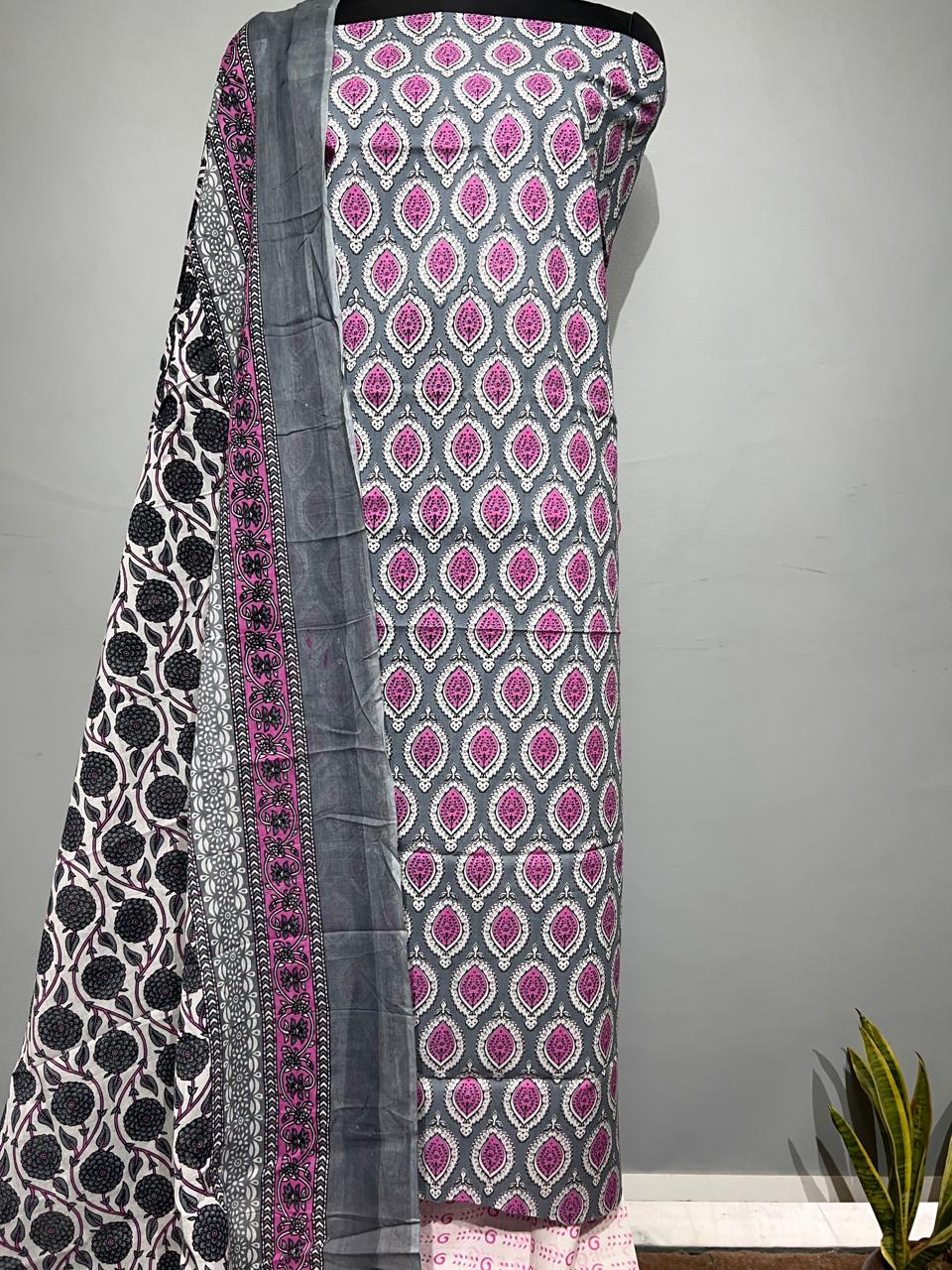 Pure Cotton Hand Block Print Unstitched Suit With Cotton Dupatta