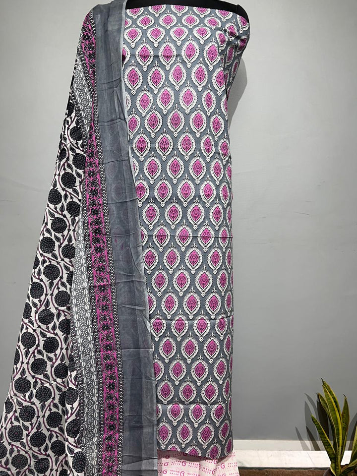 Pure Cotton Hand Block Print Unstitched Suit With Cotton Dupatta