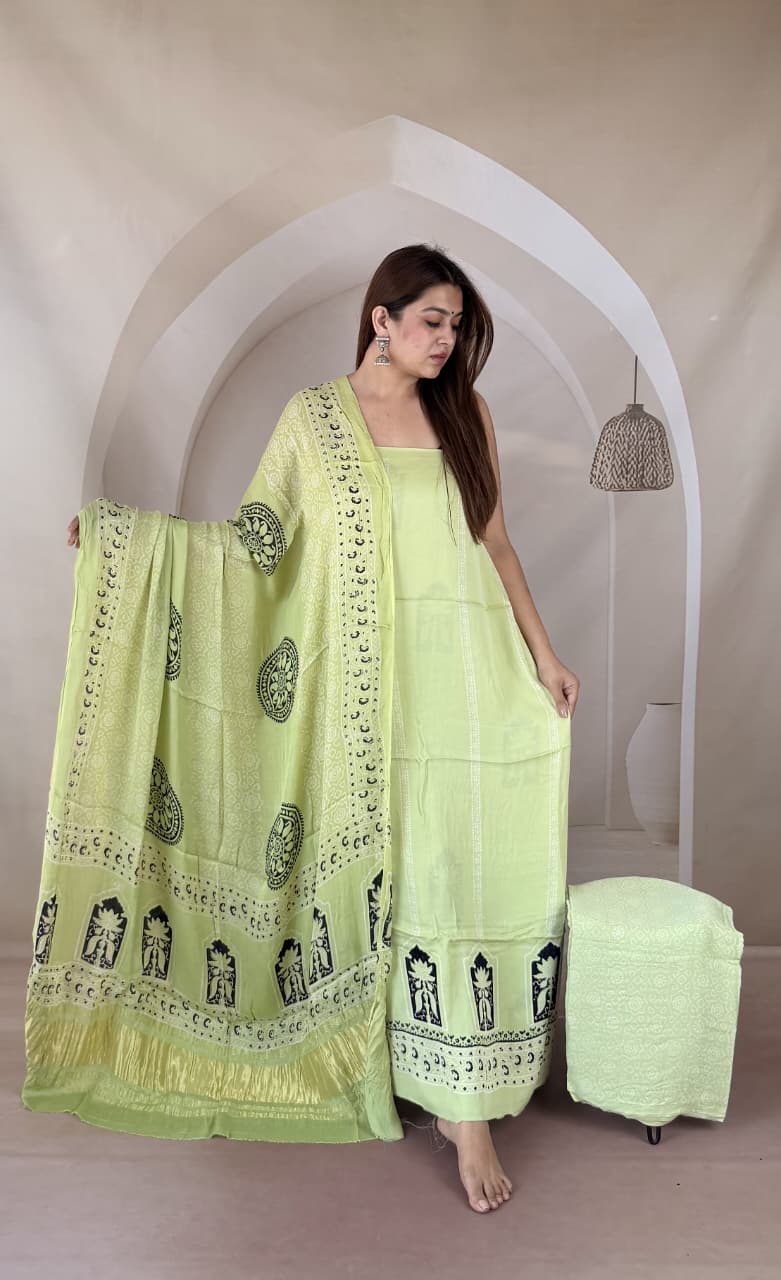 Pure Modal Silk Ajrakh Hand Block Zari Pallu Weaved 3pc Unstitched Suit
