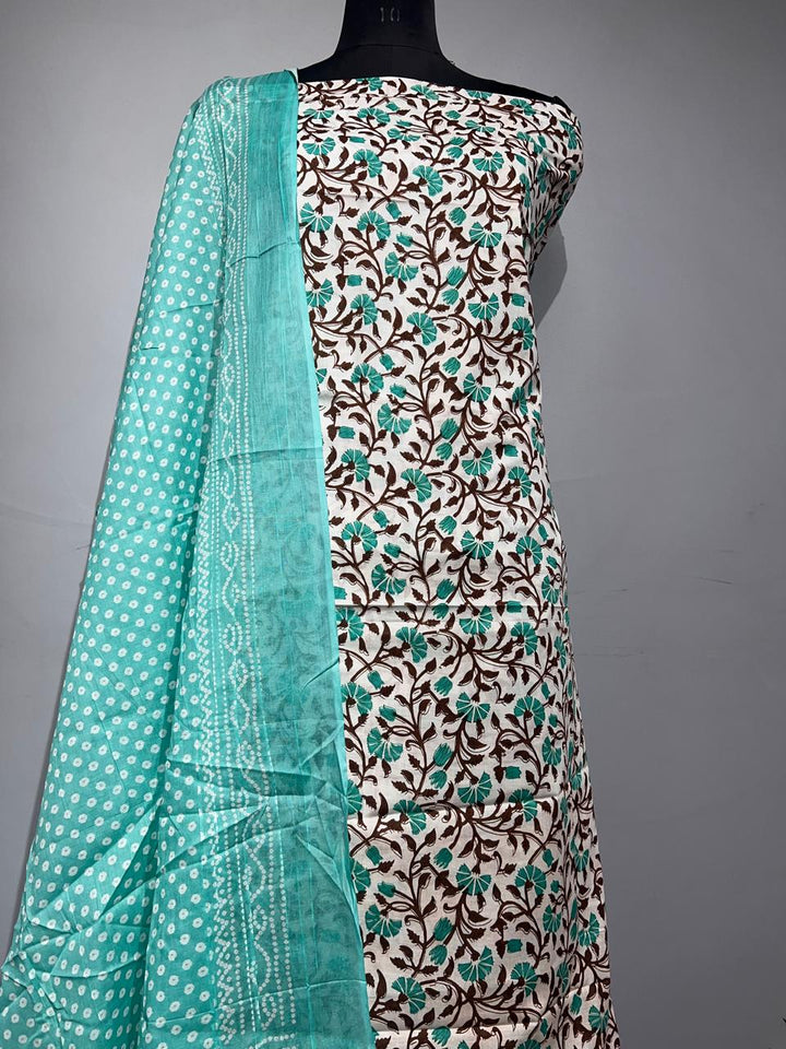 Pure Cotton Hand Block Print Unstitched Suit With Cotton Dupatta.