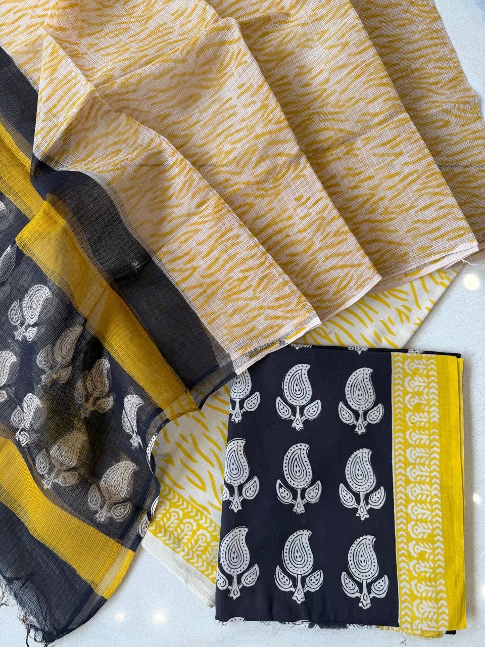 Pure Cotton Hand block print Unstitched Suit with Kota Dupatta