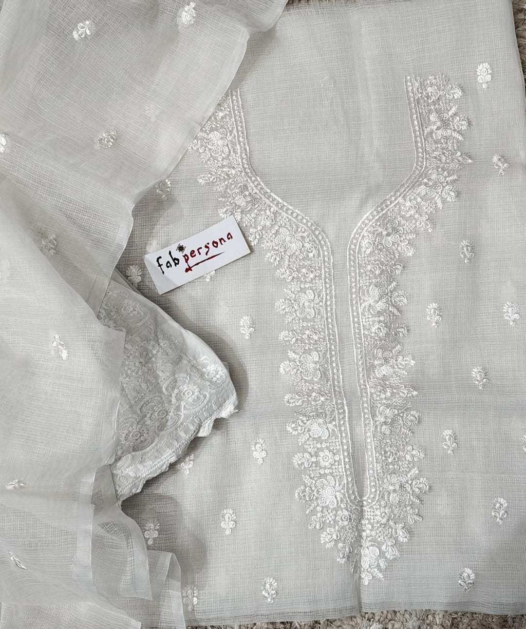 Pure Kota Doriya Embroidery Work Unstitched Suits With Kota Doriya Dupatta & Chikankari Bottom .