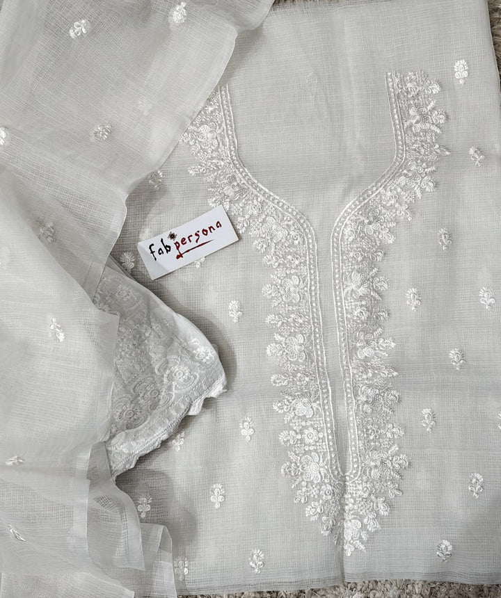 Pure Kota Doriya Embroidery Work Unstitched Suits With Kota Doriya Dupatta & Chikankari Bottom .