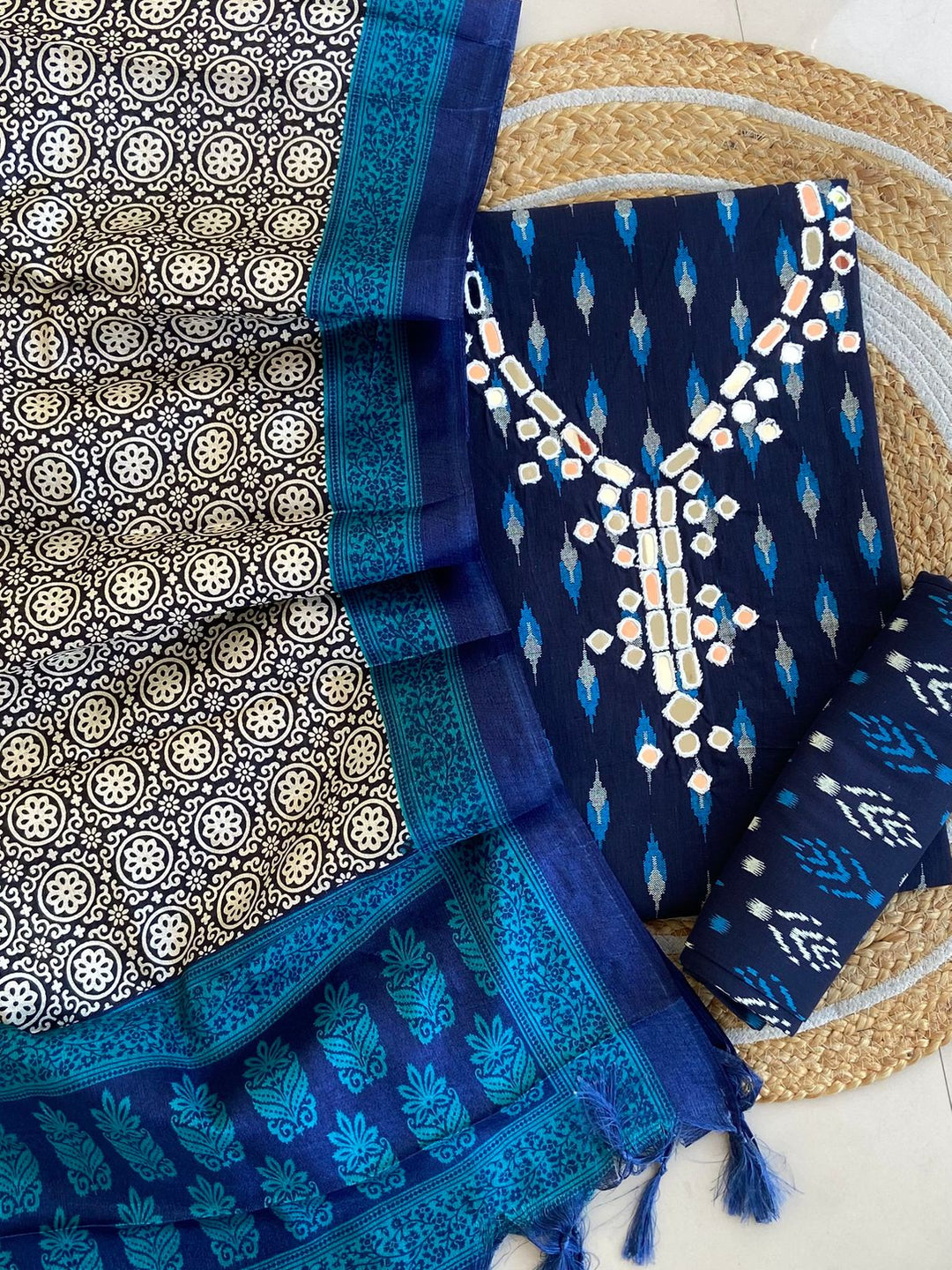 Pure Cotton Azrakh Print Unstitched Suit With Dola Silk Printed Dupatta