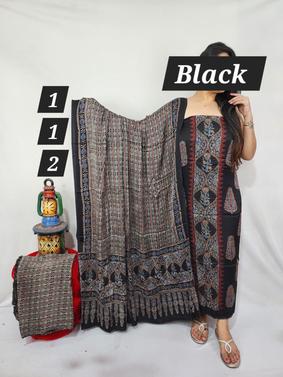 Pure modal silk ajrakh natural 3pc Unstitched  suit