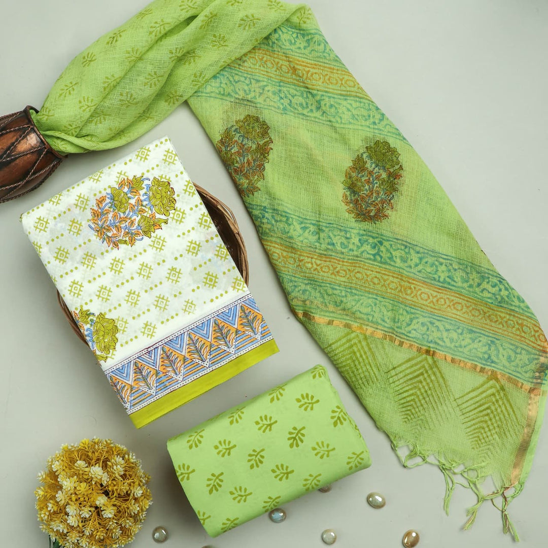 Pure Cotton Hand block print Unstitched Suit with Kota Dupatta .