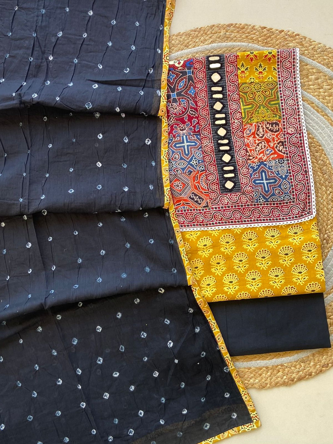 Pure Cotton Azrakh Print Unstitched Suit With Heavy Mirror Work