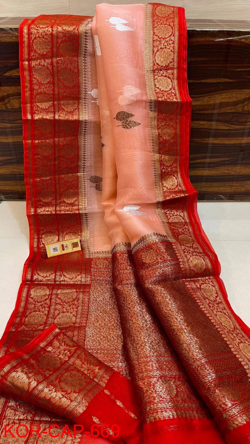 Pure Banarasi Kora Organza Silk Handwoven Zari Work Saree. With Silk Mark Certificate ( Length- 6.3 Meter )