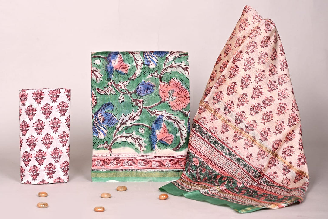 Pure Hand Block Chanderi Silk Unstitchd Suit .