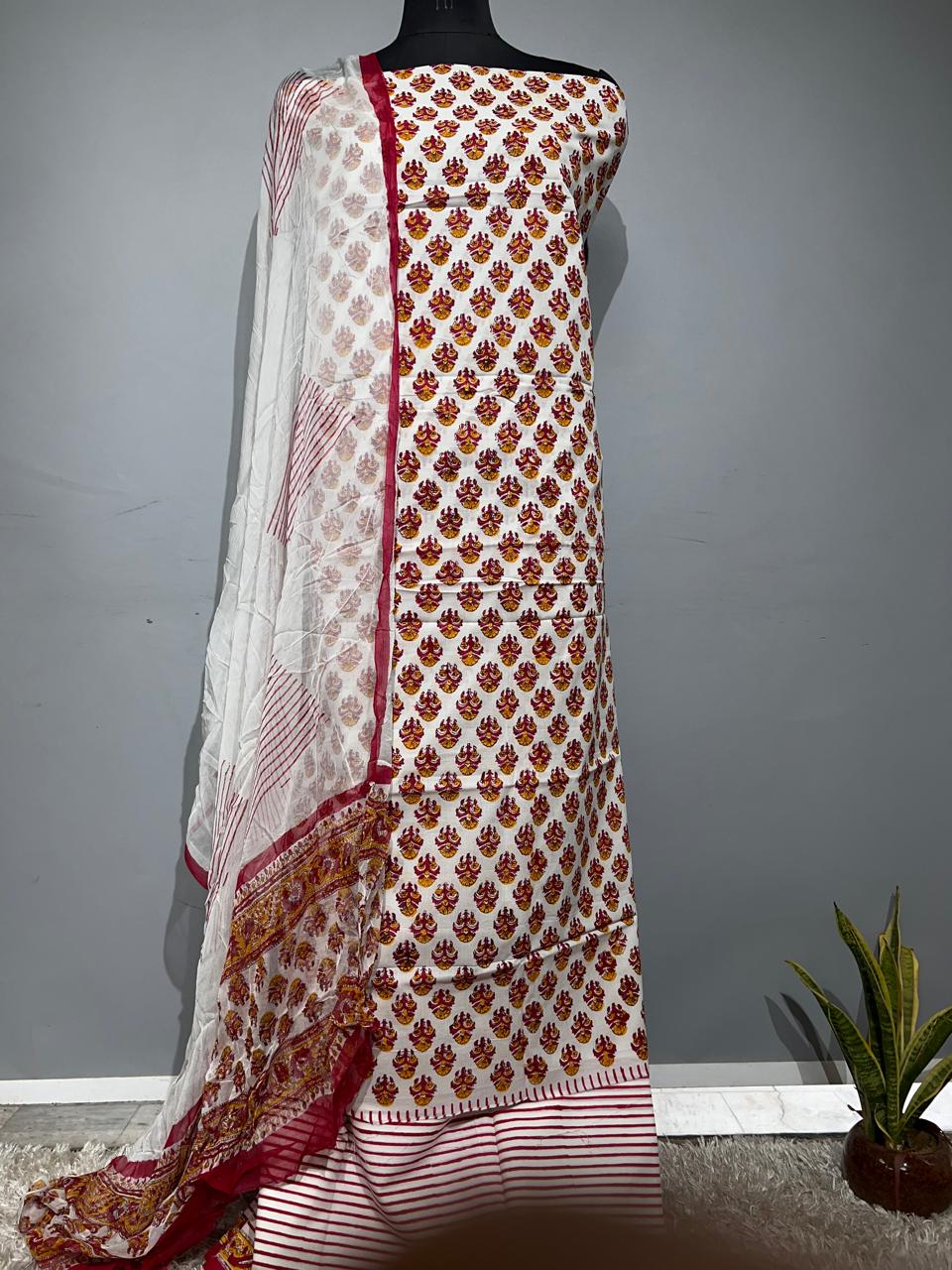 Pure Cotton Hand Block Print Unstitched Suit With Chiffon Dupatta fab-persona Pure Cotton Hand Block Print Unstitched Suit With Chiffon Dupatta fab-persona