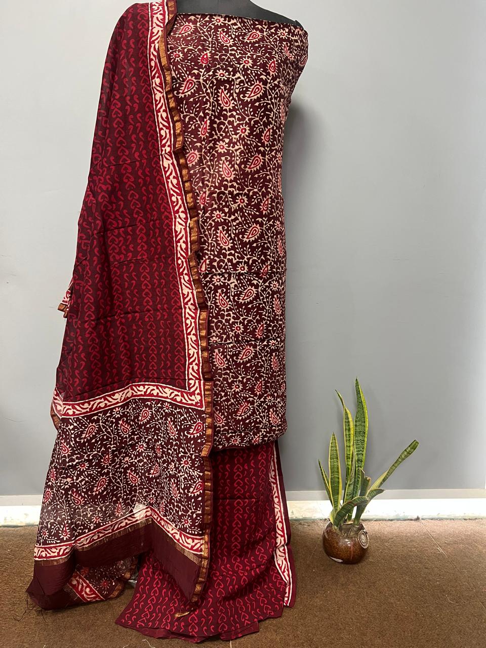 Pure Hand Block Chanderi Silk Unstitchd Suit