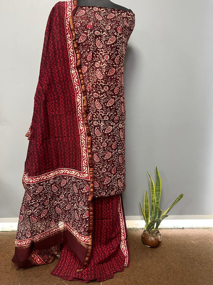 Pure Hand Block Chanderi Silk Unstitchd Suit