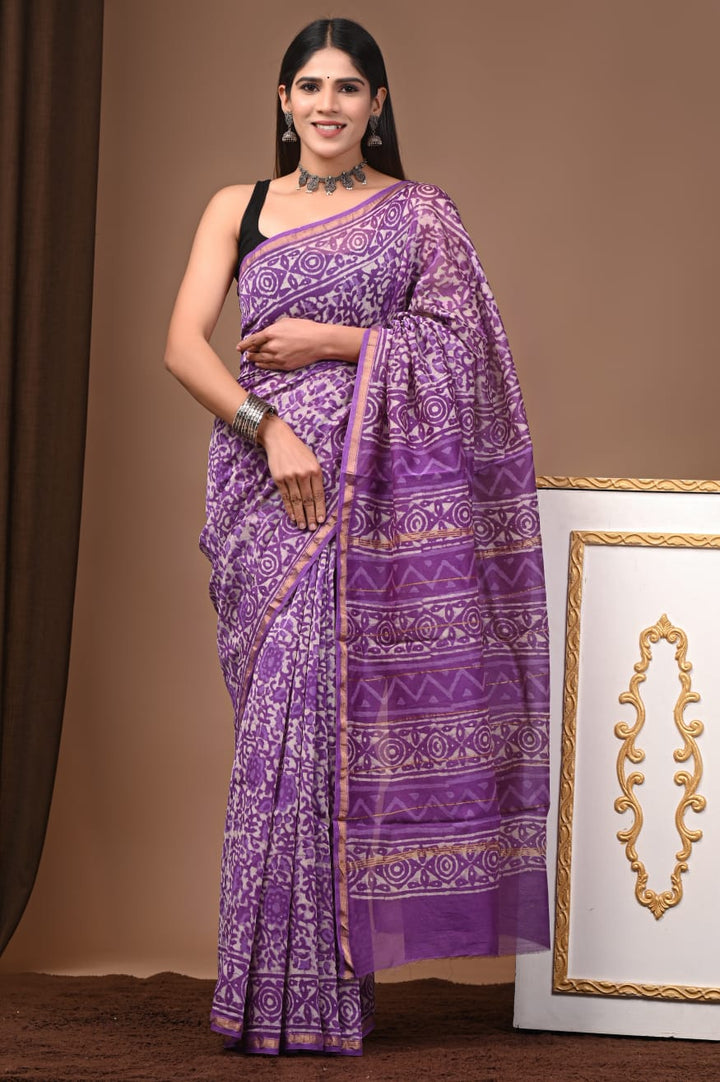 Hand Block Print Pure Chanderi Saree With Blouse .